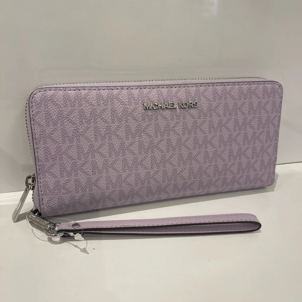 MICHAEL KORS Jet Set Large Signature Logo Continental Wallet Wristlet Lt Quartz - Picture 14 of 16
